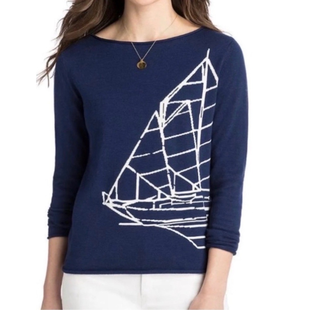 Vineyard Vines Sweater Womens Small Navy Sailboat Intarsia Knit Coastal Preppy - Picture 1 of 5